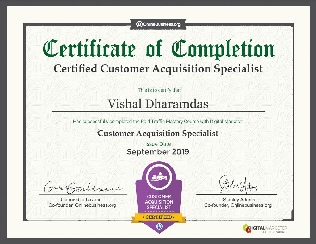 Customer Acquisition Specialist Completion Certificate